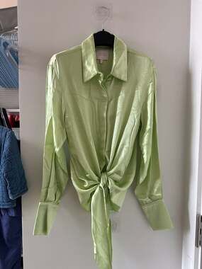 Galvan Escape High-Shine Satin Tie-Front Blouse in Sage Green